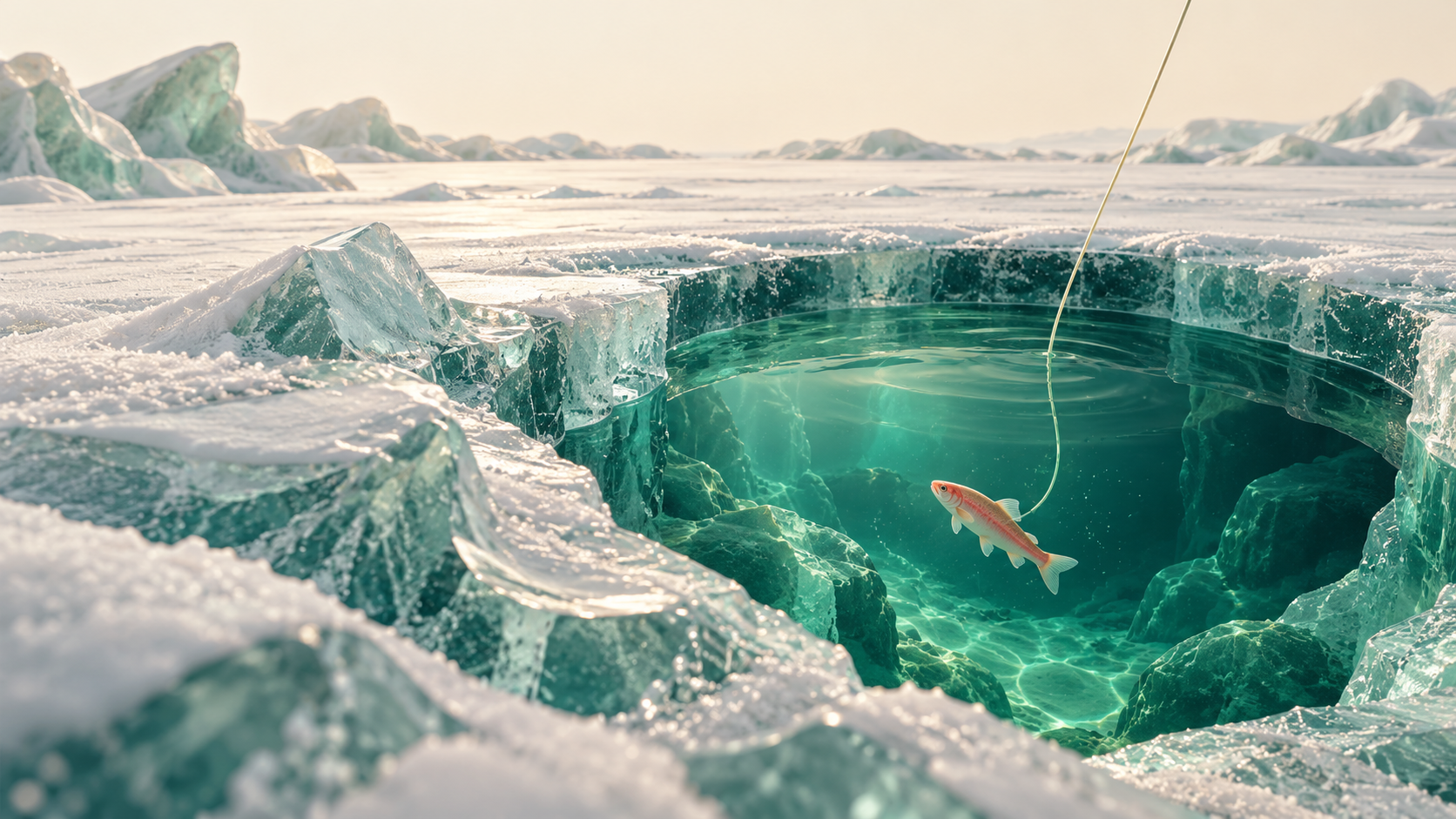 Illustration of an ice hole, turquoise water and a fishing line